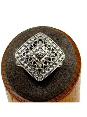 Sterling Silver 925 Natural Diamond Square Filigree Statement Ring Size 7